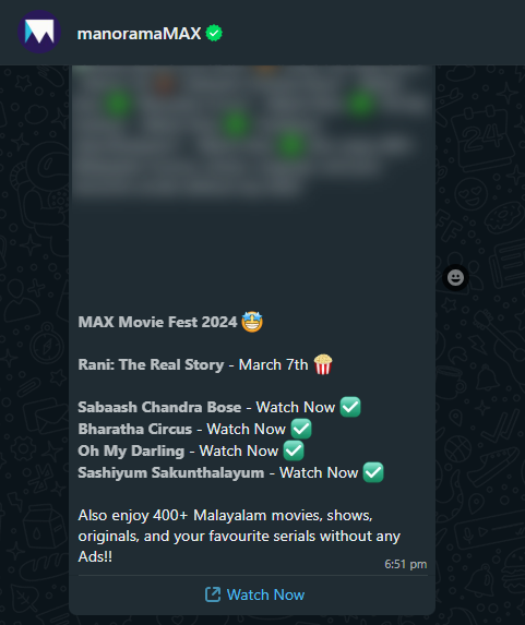 manoramaMax WhatsApp Marketing Screenshot