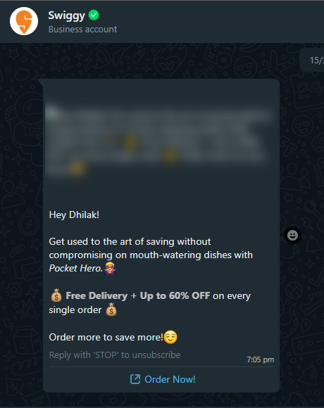 Swiggy WhatsApp Marketing Screenshot